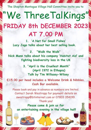 Poster for We Three Talkings evening in Village Hall on 8th December 2023 at 7pm